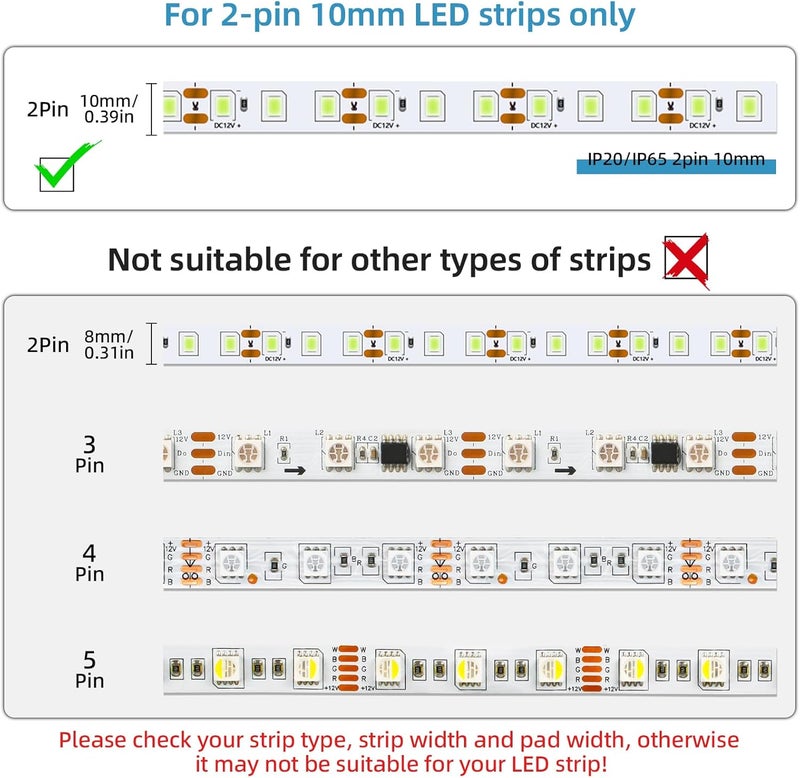 RGBZONE 2 Pin LED Strip Connector Kit, 5pcs 10mm Strip to Wire Connectors and 10m Extension Cable for Waterproof or Non-Waterproof Single Color LED Strip Lights - Image 4